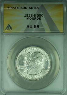 1923-S Monroe Commemorative Silver Half Dollar Coin ANACS AU 58: 1923-S Monroe Commemorative Silver Half Dollar Coin ANACS AU 58 This 1923-S Monroe Commemorative Silver Half Dollar Coin is a remarkable piece of numismatic history. Graded AU 58 by ANACS, this coin f
