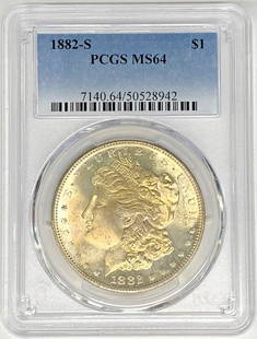 1882-S Morgan Silver Dollar PCGS MS 64 Toned Coin: 1882-S Morgan Silver Dollar PCGS MS 64 Toned Coin This 1882-S Morgan Silver Dollar is a stunning example of American coinage, showcasing the iconic Morgan design. Graded MS 64 by PCGS, this uncirculat