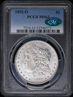 1892-O Morgan Dollar PCGS MS63 CAC Certified Uncirculated Coin: 1892-O Morgan Dollar PCGS MS63 CAC Certified Uncirculated Coin This 1892-O Morgan Dollar is a stunning example of American coinage, certified by PCGS with a grade of MS63 and bearing the CAC designati