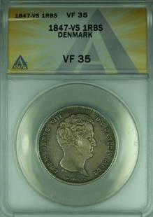 1847 Denmark Rigsbankdaler Silver Coin King Christian VIII ANACS Certified VF 35: 1847 Denmark Rigsbankdaler Silver Coin King Christian VIII ANACS Certified VF 35 This historical 1847 Denmark Rigsbankdaler silver coin features King Christian VIII and is certified by ANACS with a gr