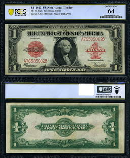 1923 $1 Legal Tender Note PCGS CU64 Certified Uncirculated: 1923 $1 Legal Tender Note PCGS CU64 Certified Uncirculated This 1923 Legal Tender $1 note is in Uncirculated condition, graded as CU64 Choice by PCGS. A remarkable piece for collectors, it features th