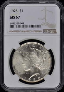 1925 NGC MS67 Uncirculated Peace Dollar Coin Philadelphia: 1925 NGC MS67 Uncirculated Peace Dollar Coin Philadelphia This 1925 Peace Dollar, certified by NGC with a grade of MS67, is an exceptional collectible coin in uncirculated condition. Minted in Philade