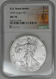 2020 American Silver Eagle 1 Oz .999 Silver Coin Arizona NGC MS-70: 2020 American Silver Eagle 1 Oz .999 Silver Coin Arizona NGC MS-70 This 2020 American Silver Eagle (ASE) features a 1 oz .999 silver composition, showcasing the US State Series with a focus on Arizona