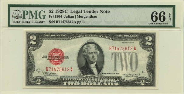 1928C $2 Legal Tender Note Fr# 1504 PMG Gem 66 EPQ: 1928C $2 Legal Tender Note Fr# 1504 PMG Gem 66 EPQ This is a stunning 1928C $2 Legal Tender Note, designated as Fr# 1504, graded PMG Gem 66 EPQ. This uncirculated note is an excellent addition for col