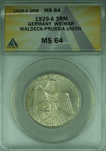 1929 3RM Weimar Republic Silver Coin Waldeck-Prussia Union ANACS MS 64: 1929 3RM Weimar Republic Silver Coin Waldeck-Prussia Union ANACS MS 64 This 1929 3RM silver coin from Germany, specifically from the Weimar Republic era, features the Waldeck-Prussia Union. Certified