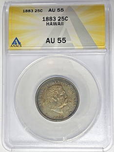1883 Hawaii 25 Cent Coin Silver ANACS AU 55: 1883 Hawaii 25 Cent Coin Silver ANACS AU 55 This 1883 Hawaii 25 Cent Coin is a beautiful piece of history, showcasing a denomination of 1/4 dollar made from silver. It has been graded as AU 55 by ANAC