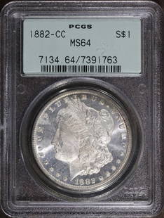 1882-CC Morgan Silver Dollar MS64 PCGS Certified Uncirculated: 1882-CC Morgan Silver Dollar MS64 PCGS Certified Uncirculated This stunning 1882-CC Morgan Silver Dollar features an uncirculated grade of MS 64, certified by PCGS. Minted in Philadelphia, this coin s
