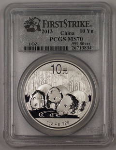 2013 China 10 Yuan .999 Silver Coin PCGS MS-70 First Strike: 2013 China 10 Yuan .999 Silver Coin PCGS MS-70 First Strike This 2013 China 10 Yuan Silver Coin is a remarkable collectible, featuring a composition of .999 fine silver and weighing 1 Ozt. Graded as M
