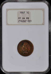 1907 NGC PR64RB Bronze Indian Cent Proof Philadelphia: 1907 NGC PR64RB Bronze Indian Cent Proof Philadelphia This 1907 Bronze Indian Cent is a stunning example, graded PR64RB by NGC, showcasing its uncirculated condition. Struck in Philadelphia, this proo
