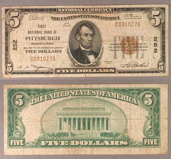 1929 T-1 $5 National Bank Note Pittsburgh PA Extra Fine: 1929 T-1 $5 National Bank Note Pittsburgh PA Extra Fine This is a 1929 T-1 National Bank Note from Pittsburgh, PA, featuring a denomination of $5. The note is in Extra Fine condition, indicating minim