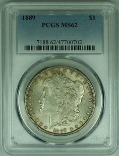 1889 Morgan Silver Dollar PCGS MS 62 Toned Coin: 1889 Morgan Silver Dollar PCGS MS 62 Toned Coin This 1889 Morgan Silver Dollar is a stunning example of numismatic history. Graded MS 62 by PCGS, this uncirculated coin features a beautiful toning tha