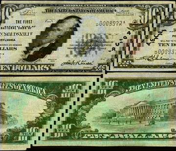 1929 T-1 $10 National Bank Note Reynoldsville PA VF: 1929 T-1 $10 National Bank Note Reynoldsville PA VF This 1929 T-1 National Bank Note from Reynoldsville, Pennsylvania, features a denomination of $10 and is classified as a VF (Very Fine) grade. It ha