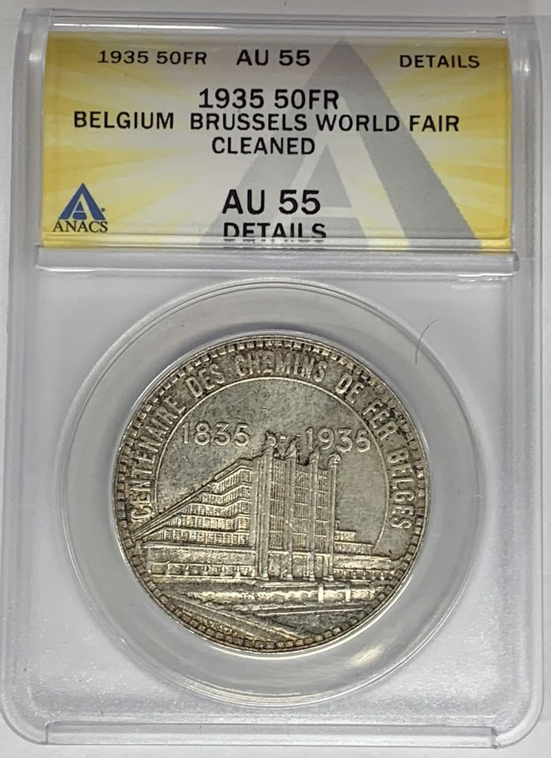 1935 Belgium 50 Francs Silver Coin ANACS AU 55 World Fair: 1935 Belgium 50 Francs Silver Coin ANACS AU 55 World Fair This 1935 Belgium 50 Francs coin commemorates the World Fair and is composed of silver. It has been graded AU 55 by ANACS, indicating its high