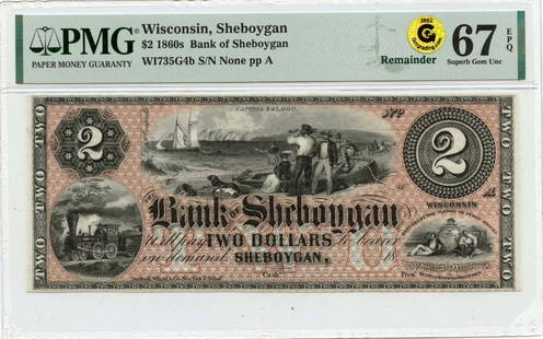1860s $2 Bank of Sheboygan PMG 67 Superb Gem EPQ Uncirculated Note: 1860s $2 Bank of Sheboygan PMG 67 Superb Gem EPQ Uncirculated Note This 1860s $2 Bank of Sheboygan note from Wisconsin is a remarkable piece of numismatic history, graded PMG 67 Superb Gem EPQ. It is
