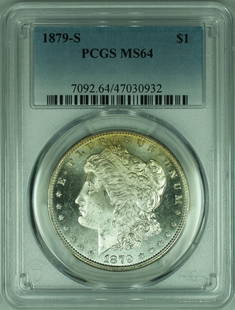 1879-S Morgan Silver Dollar MS 64 PCGS Uncirculated Silver Coin: 1879-S Morgan Silver Dollar MS 64 PCGS Uncirculated Silver Coin This 1879-S Morgan Silver Dollar showcases an impressive uncirculated condition with a grade of MS 64, certified by PCGS. Minted in San