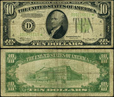 1934 $10 Federal Reserve Note Cleveland D-* Block Circulated: 1934 $10 Federal Reserve Note Cleveland D-* Block Circulated This 1934 Federal Reserve Note is a $10 denomination with a Cleveland D-* block. It is classified as circulated and is in Fine condition, i