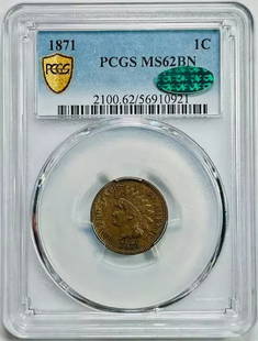 1871 P Indian Head Penny PCGS MS62 BN CAC Certified Copper Coin: 1871 P Indian Head Penny PCGS MS62 BN CAC Certified Copper Coin This 1871 P Small Cents Indian Head Penny is a remarkable piece, certified by PCGS with a grade of MS-62 and CAC approval. Crafted from