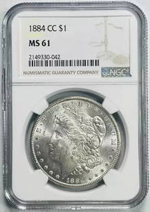 1884 CC Morgan Silver Dollar NGC MS 61 Uncirculated Coin: 1884 CC Morgan Silver Dollar NGC MS 61 Uncirculated Coin This 1884 CC Morgan Silver Dollar is a stunning piece certified by NGC with a grade of MS 61, indicating its uncirculated condition. Minted in