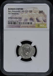 Severus Alexander AR Denarius AD 222-235 NGC XF40 Certified Coin: Severus Alexander AR Denarius AD 222-235 NGC XF40 Certified Coin This Ancient Roman AR Denarius features the significant historical figure of Severus Alexander, minted during the years AD 222-235. Cer