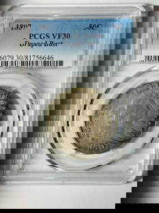 1807 Draped Bust Half Dollar PCGS VF-30 Silver Coin Philadelphia: 1807 Draped Bust Half Dollar PCGS VF-30 Silver Coin Philadelphia This 1807 P Half Dollar features the iconic Draped Bust design, certified by PCGS with a grade of VF-30. Crafted from silver, this coin