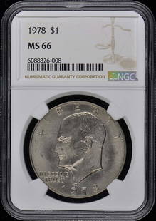 1978 Eisenhower Dollar NGC MS66 Uncirculated Coin Philadelphia Mint: 1978 Eisenhower Dollar NGC MS66 Uncirculated Coin Philadelphia Mint This 1978 Eisenhower Dollar, graded MS66 by NGC, is an uncirculated coin from the Philadelphia mint. It showcases exceptional condit