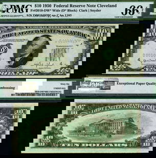 1950 $10 Federal Reserve Note Cleveland D-* Block PMG CU66 EPQ: 1950 $10 Federal Reserve Note Cleveland D-* Block PMG CU66 EPQ This $10 Federal Reserve Note from 1950 is graded CU66 EPQ by PMG, indicating it is a Gem quality uncirculated note. It features the Clev