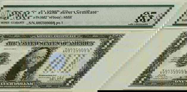 1928B $1 Silver Certificate Fr# 1602 PMG Gem65 EPQ Blue Seal: 1928B $1 Silver Certificate Fr# 1602 PMG Gem65 EPQ Blue Seal This 1928B $1 Silver Certificate features a striking blue seal and is designated as Fr# 1602. Certified by PMG with a grade of Gem65 EPQ, i