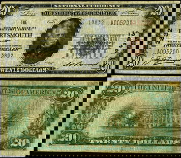 1929 T-2 $20 National Bank Note Portsmouth Ohio Fine+: 1929 T-2 $20 National Bank Note Portsmouth Ohio Fine+ This $20 National Bank Note from Portsmouth, Ohio, is a 1929 T-2 issue, classified as Fine+ condition. It is a circulated note, showcasing its his