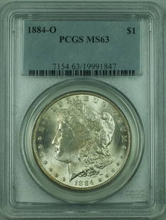 1884-O Morgan Silver Dollar PCGS MS 63 Uncirculated Coin: 1884-O Morgan Silver Dollar PCGS MS 63 Uncirculated Coin This 1884-O Morgan Silver Dollar is a stunning example of American coinage, certified by PCGS with a grade of MS 63, which some collectors beli