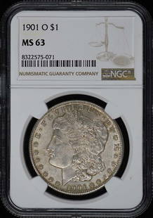 1901-O NGC MS63 Uncirculated Morgan Dollar Coin: 1901-O NGC MS63 Uncirculated Morgan Dollar Coin This 1901-O Morgan Dollar, certified by NGC with a grade of MS63, is an uncirculated coin from the New Orleans mint. The Morgan Dollar is a highly sough