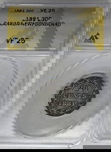 1881 Newfoundland 20 Cent Silver Coin ANACS VF 25: 1881 Newfoundland 20 Cent Silver Coin ANACS VF 25 This is an 1881 Newfoundland 20 Cent coin, featuring a denomination of 20C. The coin is composed of silver and has been graded as VF 25 by ANACS, indi
