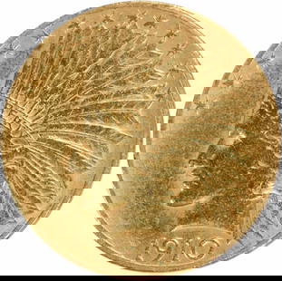 1910 $10 Gold Indian Coin by Augustus Saint Gaudens AU Uncertified: 1910 $10 Gold Indian Coin by Augustus Saint Gaudens AU Uncertified This 1910 $10 Gold Indian coin, designed by Augustus Saint Gaudens, is a striking example of early 20th-century American numismatics.