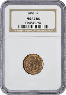 1890 Indian Head Cent MS64RB NGC Certified Copper Coin: 1890 Indian Head Cent MS64RB NGC Certified Copper Coin This 1890 Indian Cent is graded MS64RB by NGC, indicating it is in uncirculated condition. The coin features the iconic Indian Head design and is