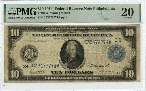 1914 $10 Federal Reserve Note Fr# 915c PMG VF20 Philadelphia: 1914 $10 Federal Reserve Note Fr# 915c PMG VF20 Philadelphia This is a 1914 $10 Federal Reserve Note from Philadelphia, designated as Fr# 915c. This note is certified by PMG with a grade of VF20, indi