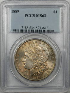 1889 Morgan Silver Dollar PCGS MS-63 Toned Coin: 1889 Morgan Silver Dollar PCGS MS-63 Toned Coin This 1889 Morgan Silver Dollar $1 Coin is a remarkable piece certified by PCGS with a grade of MS 63. Struck at the Philadelphia Mint and made of silver