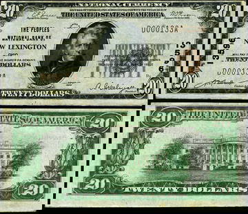 1929 T-1 $20 National Bank Note Peoples NB Lexington Ohio AU: 1929 T-1 $20 National Bank Note Peoples NB Lexington Ohio AU This is a $20 National Bank Note from the year 1929 T-1, issued by the Peoples National Bank of Lexington, Ohio. It is in AU (About Uncircu