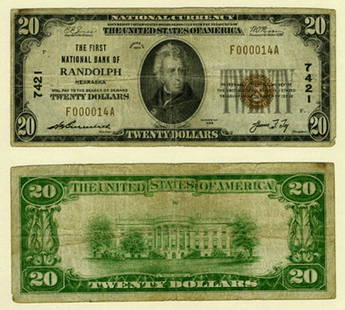 1929 T-1 $20 National Bank Note Randolph NE Charter 7421: 1929 T-1 $20 National Bank Note Randolph NE Charter 7421 This $20 1929 T-1 National Bank Note from Randolph, NE (Charter #7421) is a great addition to any currency collection. It is graded as Very Goo
