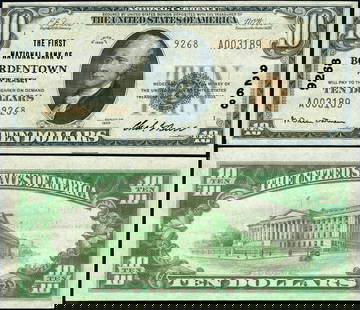 1929 T-2 $10 National Bank Note Bordentown NJ AU Choice: 1929 T-2 $10 National Bank Note Bordentown NJ AU Choice This is a 1929 T-2 National Bank Note from Bordentown, NJ, with a denomination of $10. Graded as AU Choice, this note is in circulated condition