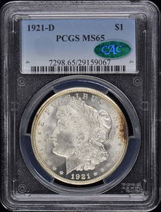 1921-D Morgan Dollar PCGS MS65 CAC Uncirculated Denver Mint: 1921-D Morgan Dollar PCGS MS65 CAC Uncirculated Denver Mint This 1921-D Morgan Dollar is a stunning piece of numismatic history, graded MS65 by PCGS, indicating its outstanding quality and preservatio
