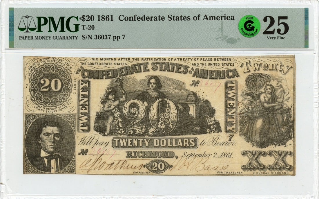 1861 $20 Confederate States PMG VF25 Note GCC Green: 1861 $20 Confederate States PMG VF25 Note GCC Green This 1861 $20 note from the Confederate States of America is graded PMG VF25, indicating its very fine condition. It has been circulated and is a no
