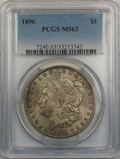 1896 Morgan Silver Dollar PCGS MS 63 Toned 12-B Coin: 1896 Morgan Silver Dollar PCGS MS 63 Toned 12-B Coin This 1896 Morgan Silver Dollar $1 coin, certified by PCGS with a grade of MS 63, showcases its uncirculated condition. Minted in Philadelphia, this