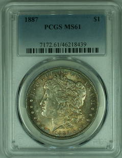 1887 Morgan Silver Dollar PCGS MS61 Uncirculated Silver Coin: 1887 Morgan Silver Dollar PCGS MS61 Uncirculated Silver Coin This 1887 Morgan Silver Dollar is a remarkable piece, showcasing its uncirculated condition with attractive toning. Minted in Philadelphia,