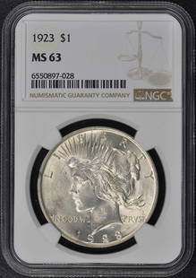 1923 NGC MS63 Peace Dollar Uncirculated Coin Philadelphia: 1923 NGC MS63 Peace Dollar Uncirculated Coin Philadelphia This 1923 Peace Dollar is an uncirculated coin certified by NGC with a grade of MS63. Minted in Philadelphia, this coin represents a significa