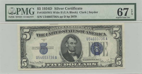 1934D $5 Silver Certificate FR#1654Wii PMG 67 Gem EPQ UA Block: 1934D $5 Silver Certificate FR#1654Wii PMG 67 Gem EPQ UA Block This 1934D $5 Silver Certificate, designated FR#1654Wii, is a remarkable specimen certified by PCGS Currency with a grade of MS67, indica