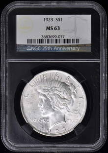 1923 NGC MS63 Peace Dollar Uncirculated Coin Philadelphia: 1923 NGC MS63 Peace Dollar Uncirculated Coin Philadelphia This 1923 Peace Dollar is graded NGC MS63 and certified under number 3683699077. It is an uncirculated coin from the Philadelphia mint, known