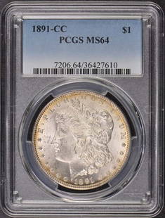 1891-CC Morgan Dollar PCGS MS64 Uncirculated Carson City Coin: 1891-CC Morgan Dollar PCGS MS64 Uncirculated Carson City Coin This 1891-CC Morgan Dollar is a remarkable piece, certified by PCGS with a grade of MS64, indicating its uncirculated condition. Struck at