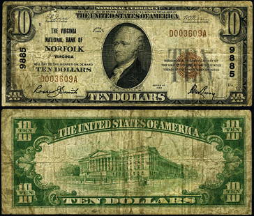 1929 T-1 $10 National Bank Note Virginia Ch #9885 Fine: 1929 T-1 $10 National Bank Note Virginia Ch #9885 Fine This is a $10 National Bank Note from Virginia, issued in 1929 (Type T-1). The note has been graded as Fine and is in circulated condition. It is