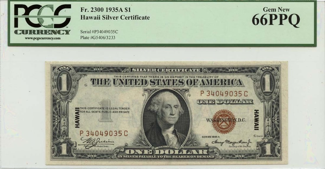 1935A $1 Hawaii WWII Emergency Note PCGS MS66 PPQ: 1935A $1 Hawaii WWII Emergency Note PCGS MS66 PPQ This 1935A $1 Hawaii note is a WWII Emergency Issue, graded MS66 by PCGS Currency and designated as PPQ (Premium Paper Quality). This uncirculated bil