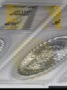 1937 Netherlands 2.50 Gulden Silver Coin ANACS AU 50 Circulated: 1937 Netherlands 2.50 Gulden Silver Coin ANACS AU 50 Circulated This 1937 Netherlands 2.50 Gulden Coin is a striking piece, certified by ANACS with a grade of AU 50. Crafted from silver, this circulat