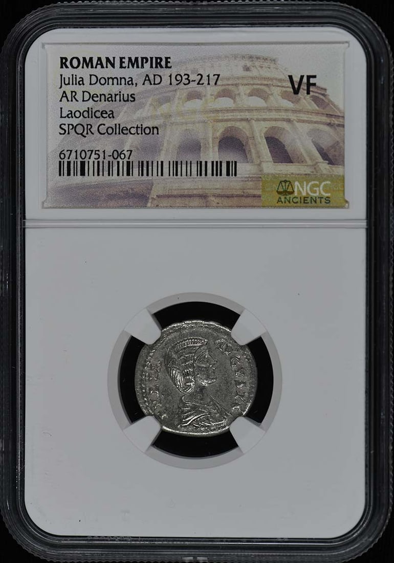 Julia Domna AR Denarius NGC VF20 Ancient Roman Coin: Julia Domna AR Denarius NGC VF20 Ancient Roman Coin This Ancient Roman AR Denarius features Julia Domna, who reigned from AD 193 to 217. Certified by NGC with a grade of VF20, this coin is a notable c